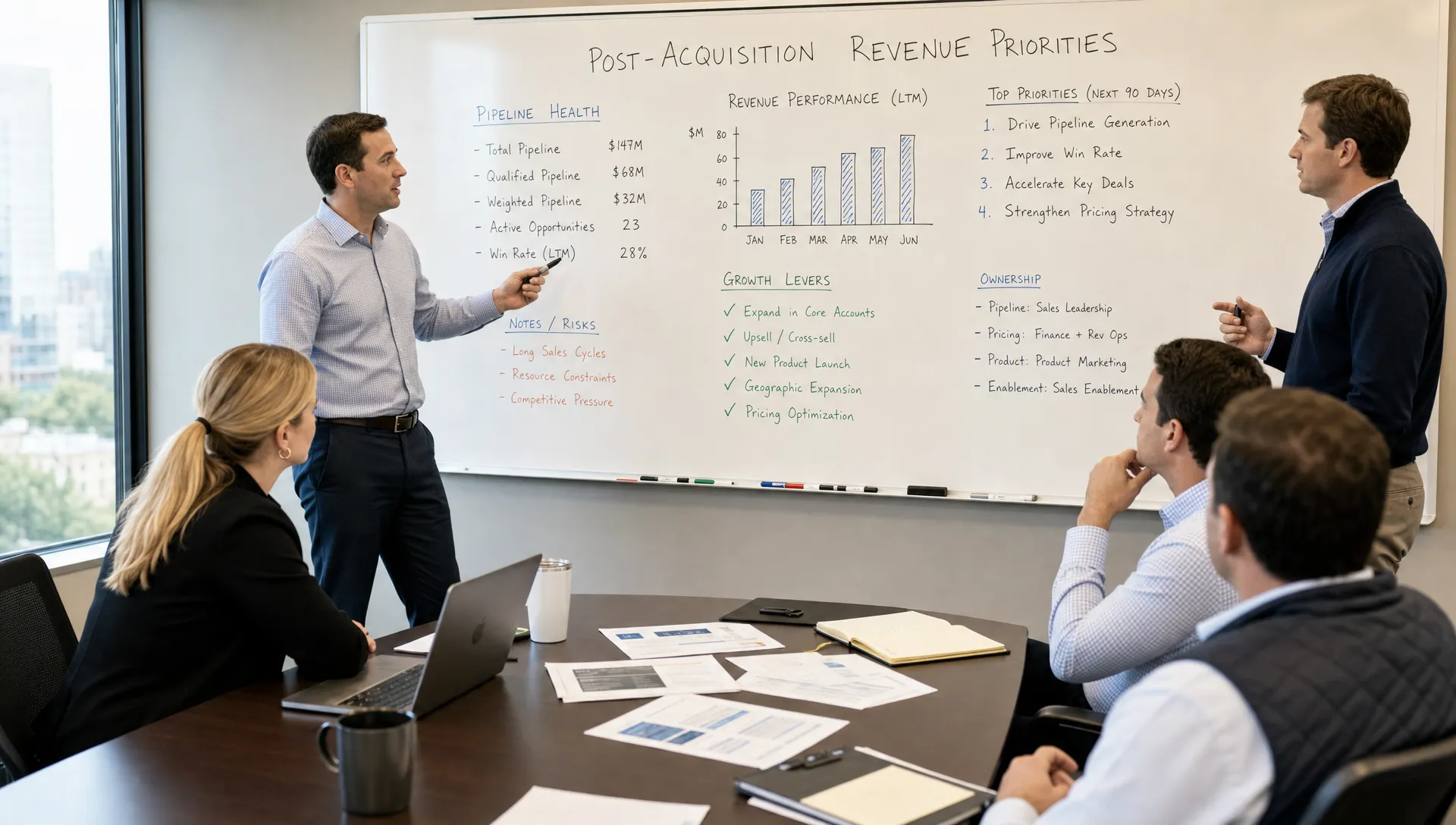 A private equity operating team and portfolio company leaders reviewing post-acquisition revenue priorities, pipeline health, and growth levers on a conference room whiteboard, with markers, notes, and a few printed reports on the table.