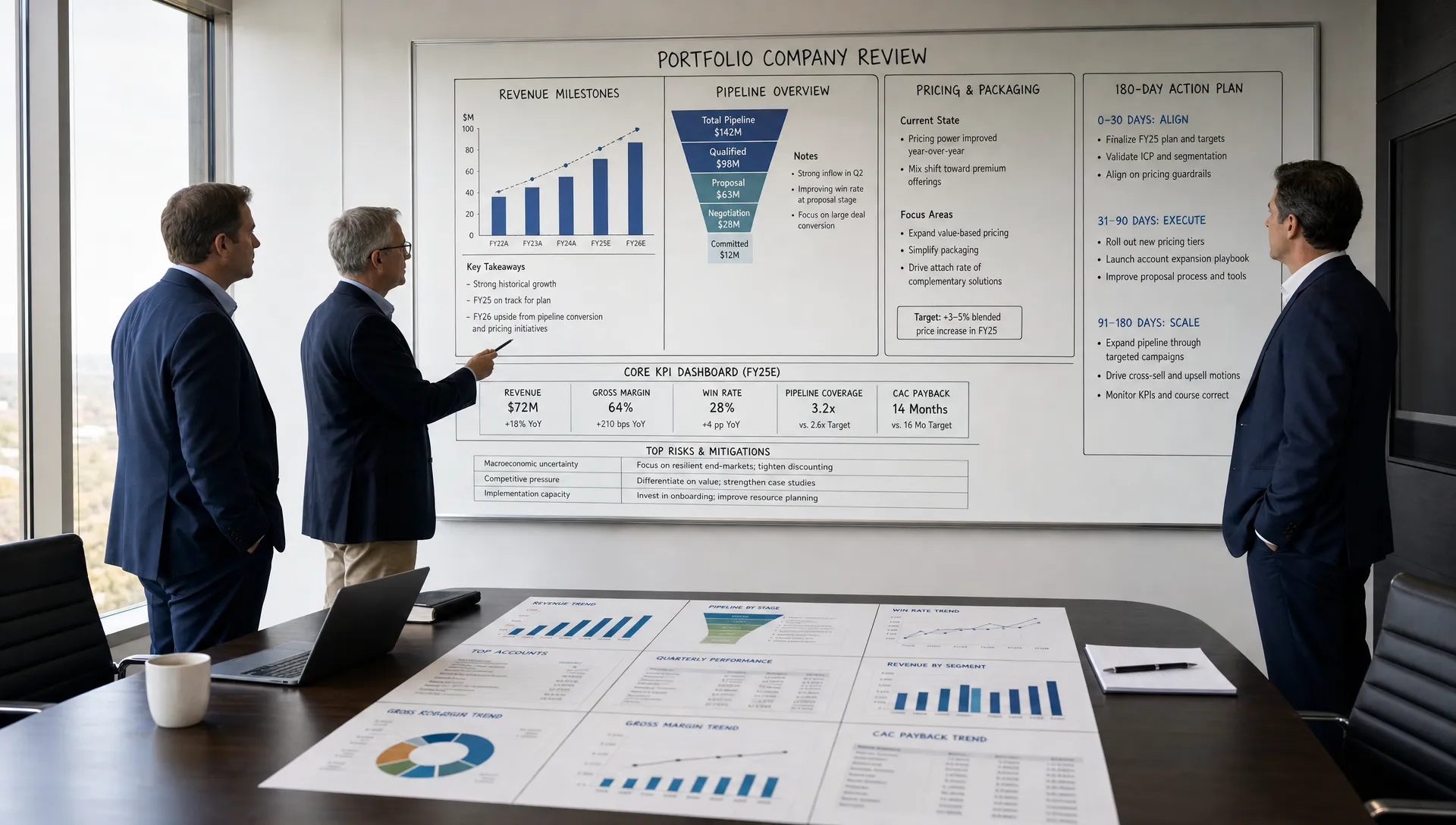 A wide scene inside a private equity portfolio review room showing a sponsor, operating partner, and portfolio company CEO looking at a large wall board filled with revenue milestones, pipeline stages, pricing notes, and a simple 180-day action plan, with printed dashboard sheets spread across a table in the foreground and a calm executive atmosphere.