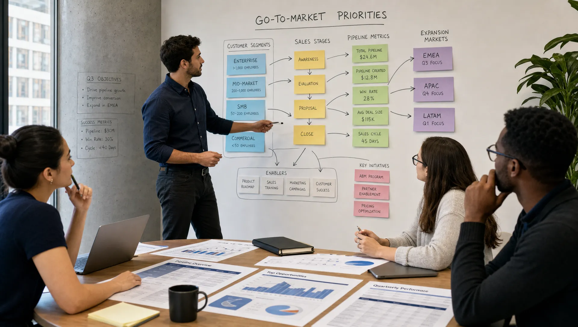 A venture-backed company leadership team mapping go-to-market priorities on a wall, with customer segments, sales stages, pipeline metrics, and expansion markets shown as connected notes in a modern meeting room, with one person standing near the wall and others reviewing a table of printed scorecards.