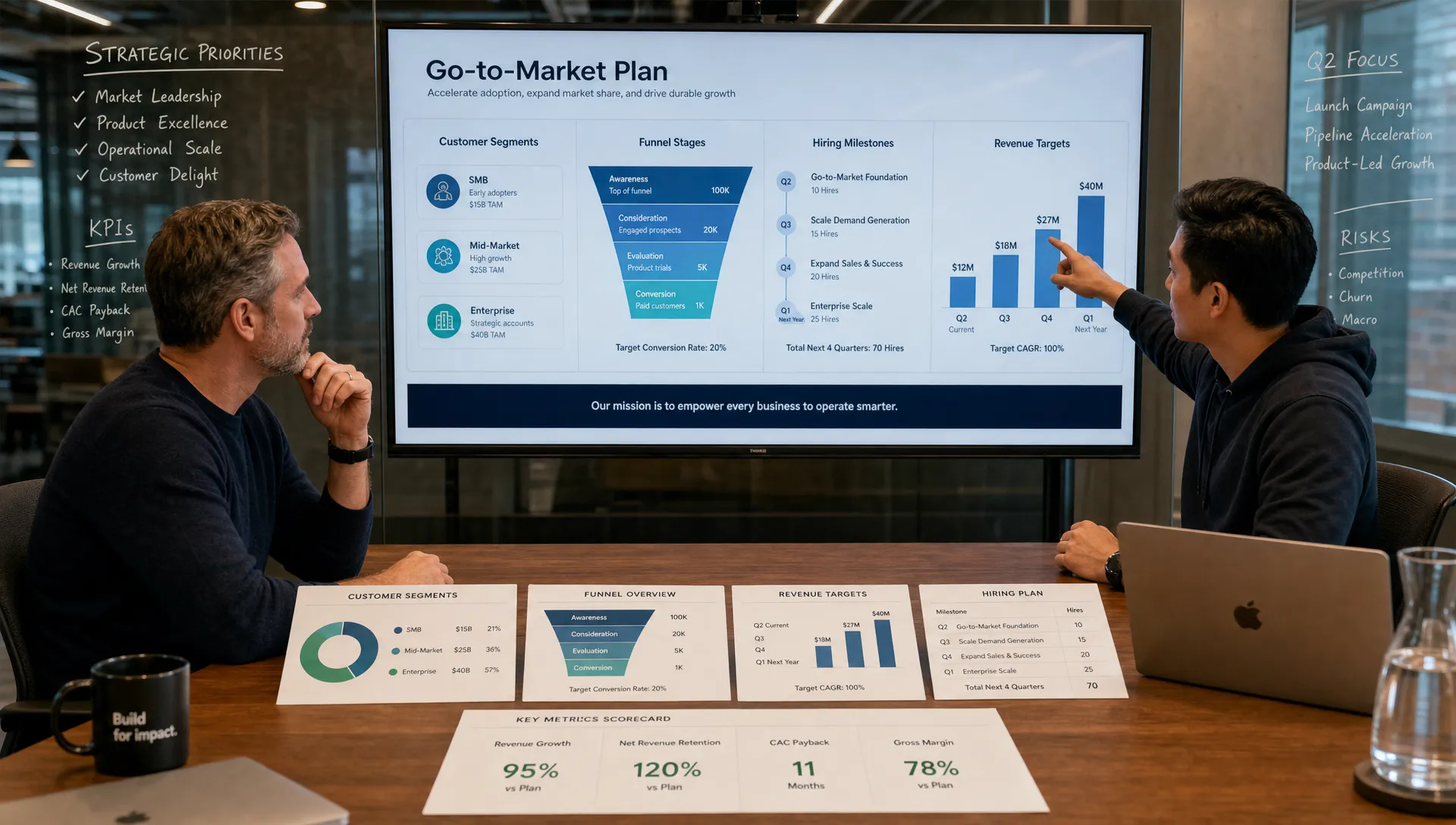 A wide scene in a modern startup strategy room showing a venture capital partner and a founder reviewing a projected go-to-market plan on a screen facing the camera, with customer segments, funnel stages, hiring milestones, and revenue targets arranged across a glass wall and a table of printed scorecards in the foreground. The atmosphere should feel focused and ambitious, with no hidden screen content behind the display.