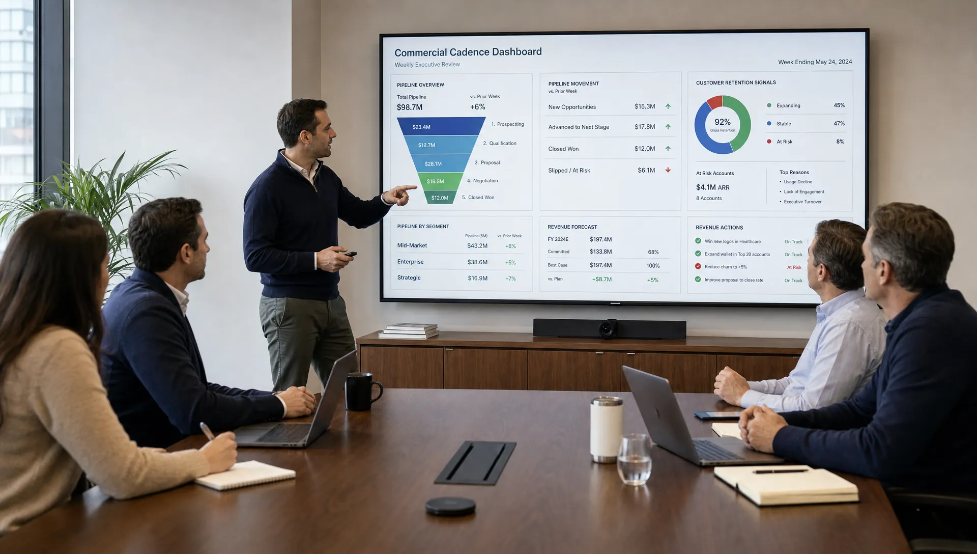 A private equity operating team and portfolio company leaders reviewing a commercial cadence dashboard with pipeline stages, customer retention signals, and revenue actions on a conference room wall.