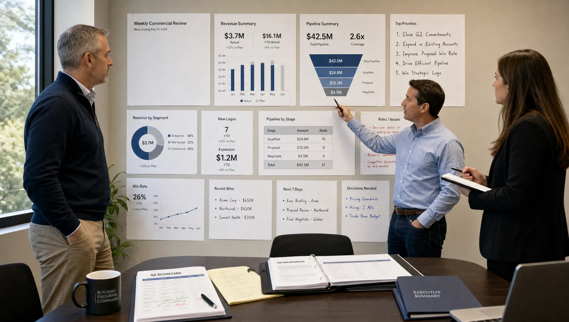 A medium landscape scene in a portfolio company meeting room where an operating partner, a CEO, and a sales leader stand around a wall of printed revenue notes and pipeline summaries, actively discussing a weekly commercial review. The foreground holds annotated scorecards and a few open folders on the table, while the wall materials stay readable as the main focal point. The mood should feel focused and decision-oriented, with people present but the evidence taking center stage.