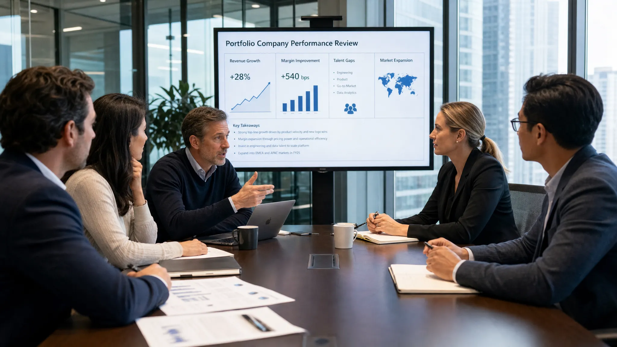 A private equity operating partner and a venture capital board member meeting with a portfolio company leadership team in a glass-walled office, reviewing revenue growth, margin improvement, talent gaps, and market expansion around a conference table.