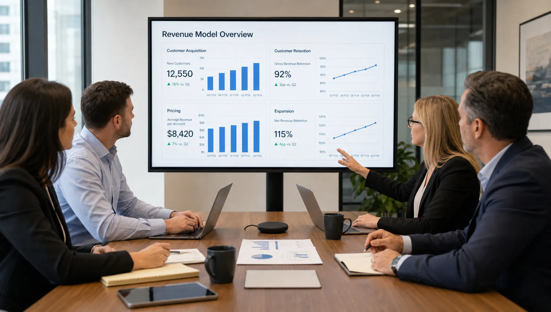 A leadership team reviewing a revenue model on a conference table with charts showing customer acquisition, retention, pricing, and expansion metrics.