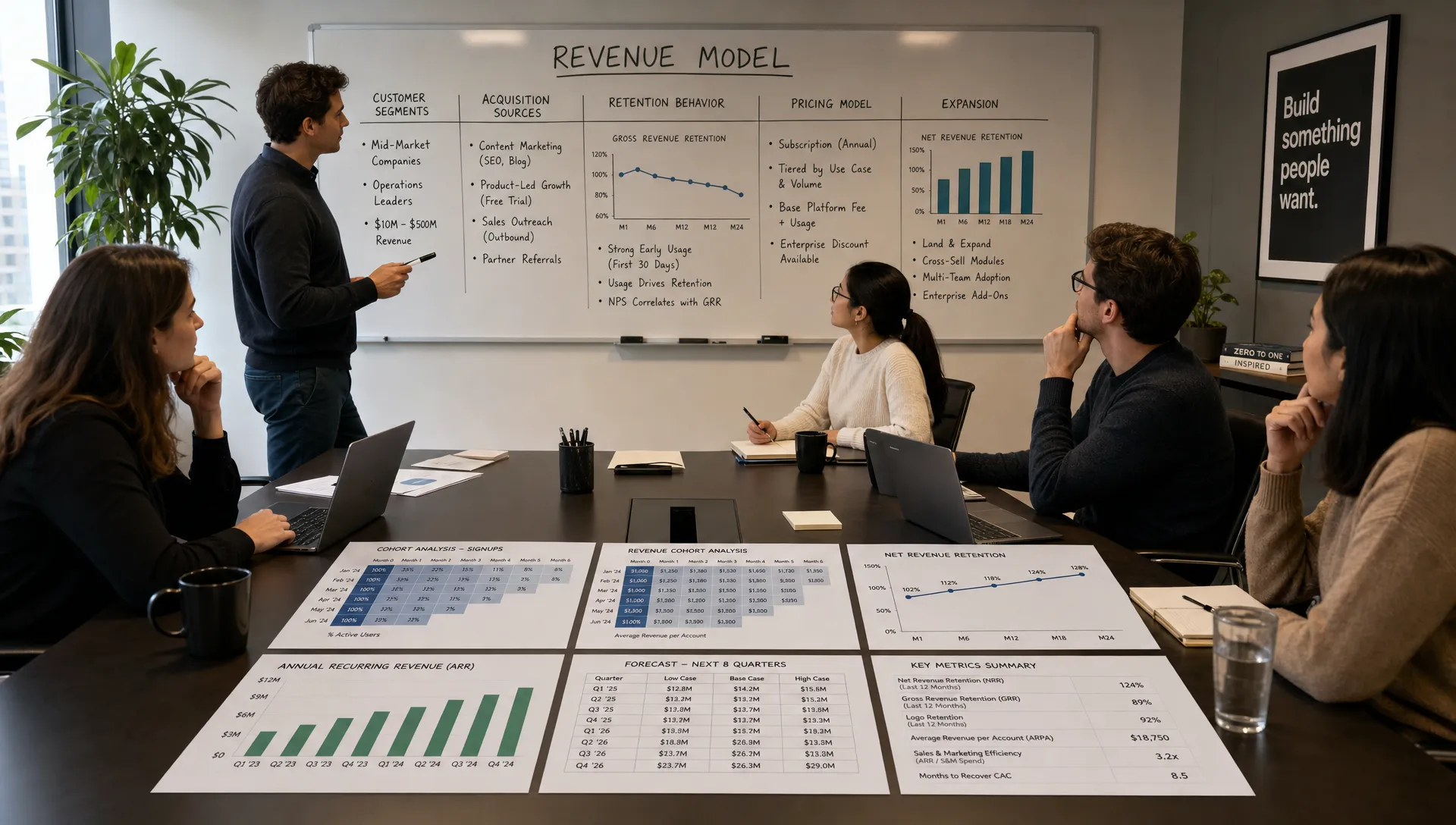A wide scene in a modern boardroom showing a venture investment team reviewing a revenue model wall board with sections for customer segments, acquisition sources, retention behavior, pricing, and expansion, while printed cohort charts and forecast sheets are spread across the table in the foreground. A small group of adults is seated and standing around the table in a focused discussion, with a calm, analytical atmosphere and no presentation screen visible.