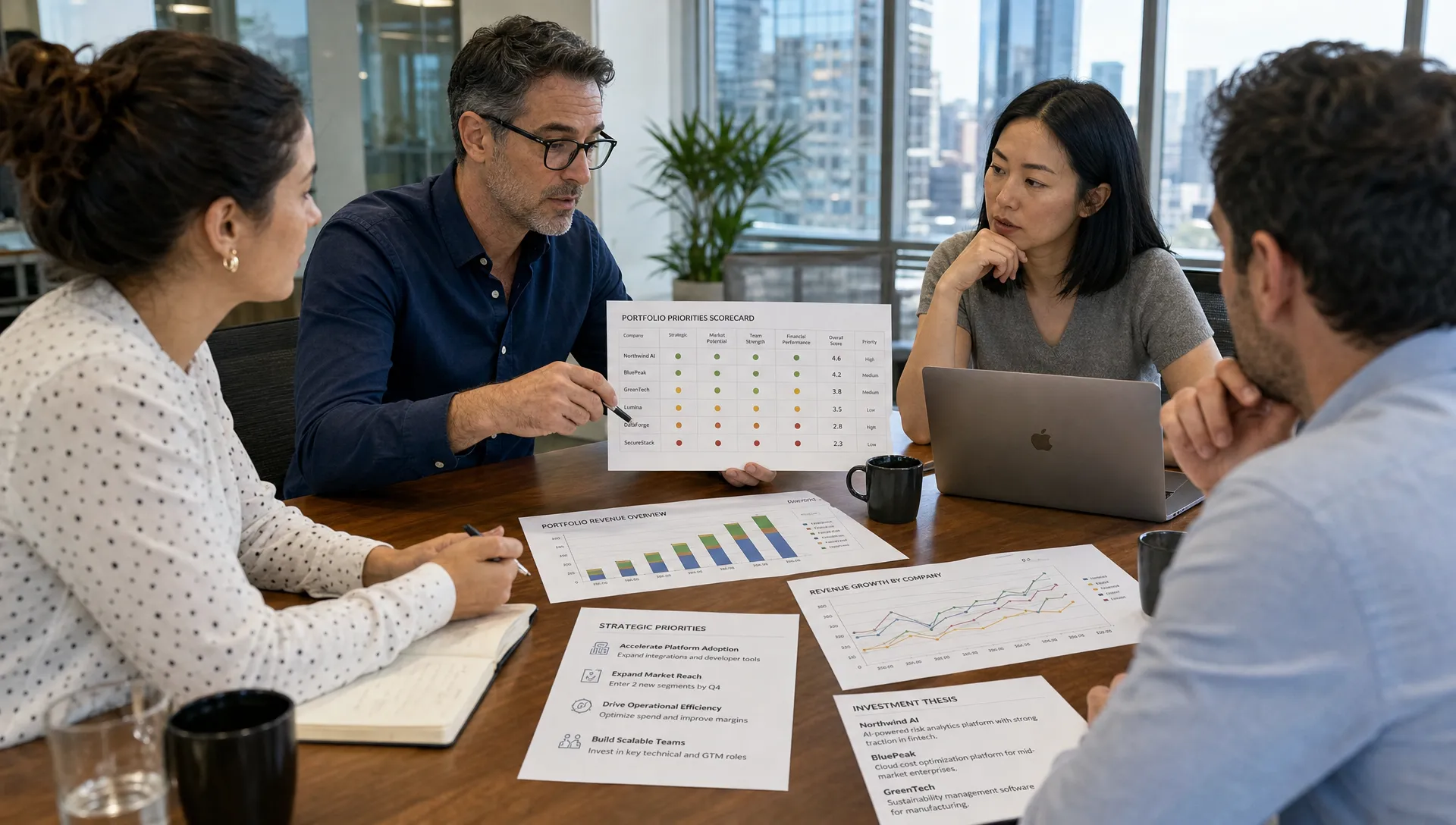 A venture team reviews portfolio priorities with scorecards, revenue charts and strategic notes on a conference table.