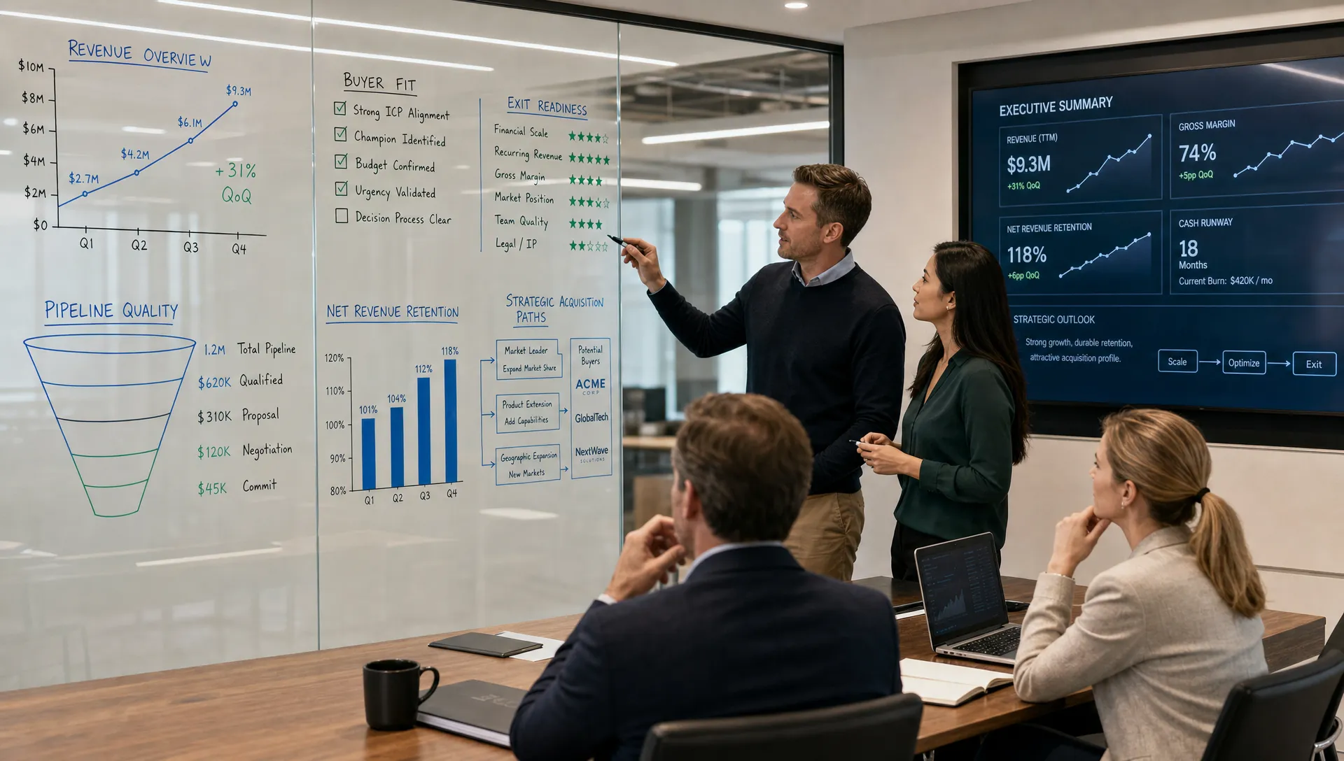 A venture-backed leadership team standing beside a glass wall covered with revenue metrics, buyer fit notes, and exit readiness indicators, with charts showing pipeline quality, retention, and strategic acquisition paths in a modern conference room.