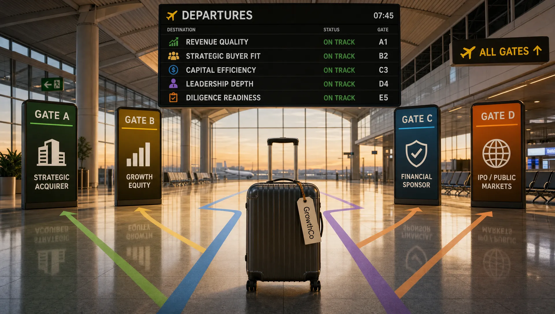 A wide landscape scene of a symbolic exit-readiness path inside a modern airport departure hall, with illuminated gate signs, a departure board showing revenue quality, strategic buyer fit, capital efficiency, leadership depth, and diligence readiness as destination labels, and a single suitcase tagged with a company name moving toward competing exit routes. No people are visible. The setting should feel like a clear transition point where future buyers are evaluating options, representing stronger venture capital exits without using a boardroom or document review composition.