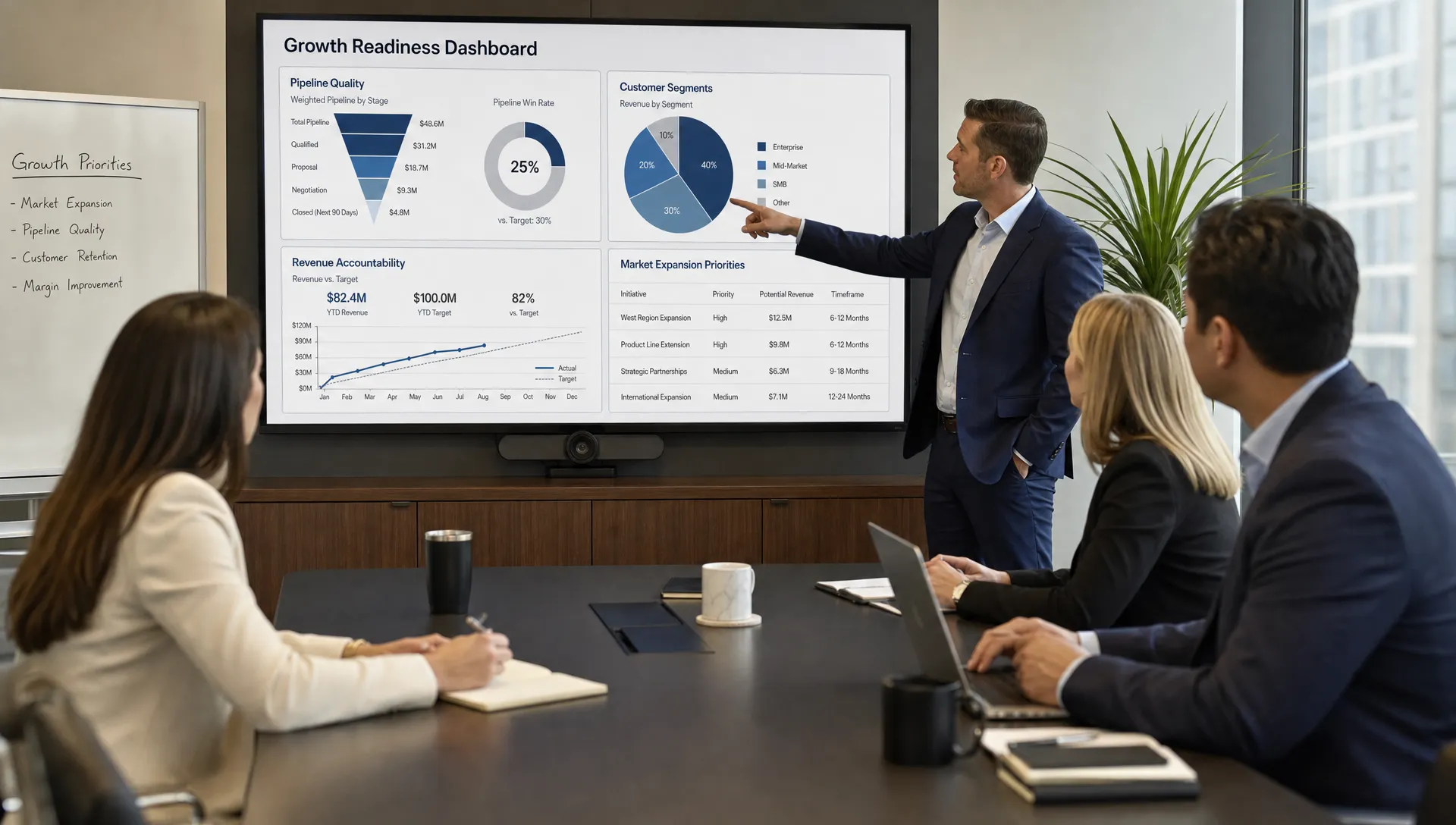 A private equity operating team reviews a growth readiness dashboard in a conference room, with charts for pipeline quality, customer segments, revenue accountability, and market expansion priorities.