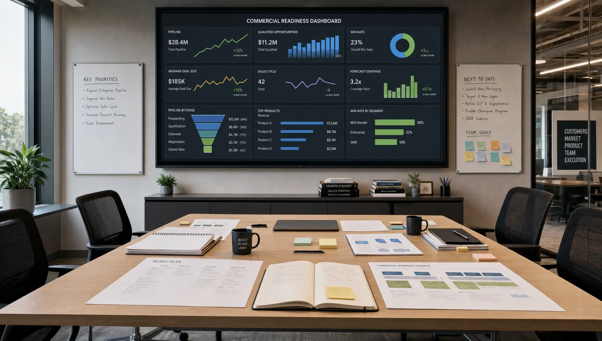 Landscape wide shot of a portfolio company operations room with a large wall display of commercial readiness metrics, a central worktable, and neatly arranged planning materials. The room feels active and organized, with the focus on the environment that supports growth-capital deployment rather than on any one person. No people in the foreground.