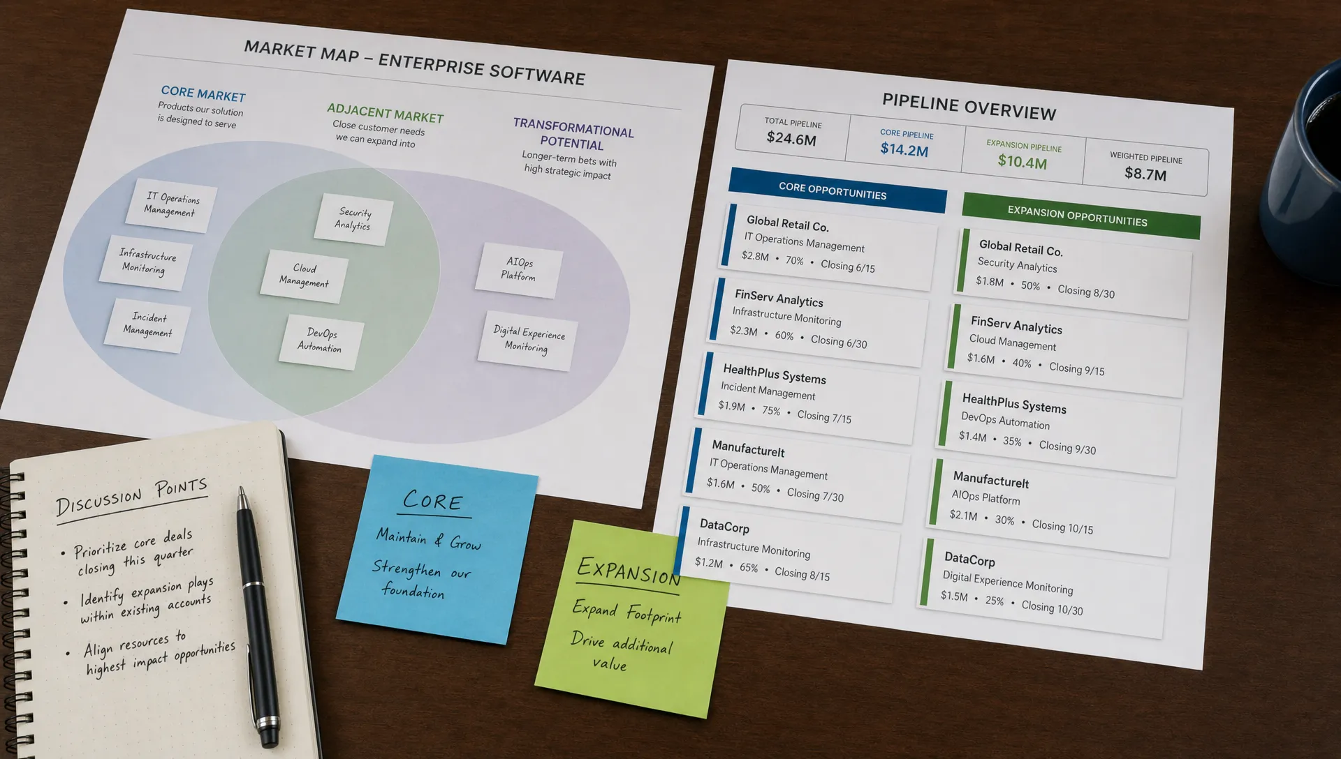A close-up overhead view of a boardroom table with printed market maps, pipeline cards, and sticky notes separating core sales opportunities from expansion opportunities.