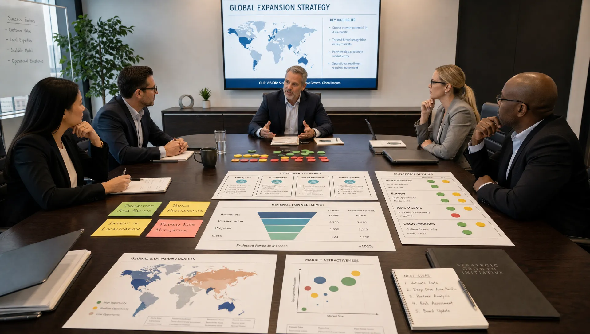 A modern boardroom table with market maps, customer segment cards, revenue funnel charts, and colored decision markers arranged for a leadership team reviewing expansion options.