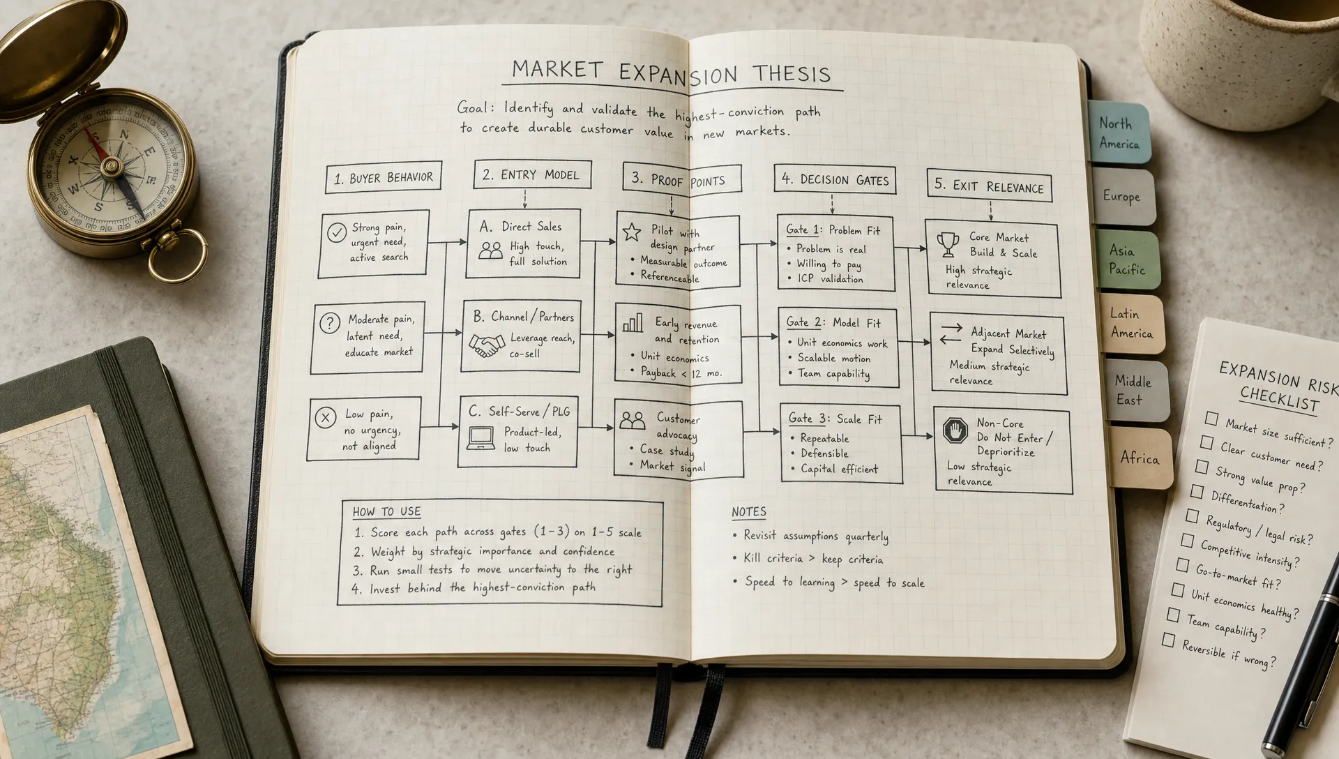 A wide landscape scene of a single open field notebook on a clean table, with one page showing a market expansion thesis sketched as a decision tree: buyer behavior, entry model, proof points, decision gates, and exit relevance. Around it are a few neat reference items like a compass, regional tabs, and a simple risk checklist, but no people in the foreground. The setting should feel like a strategic planning surface for choosing and testing expansion, not a boardroom or office review session.