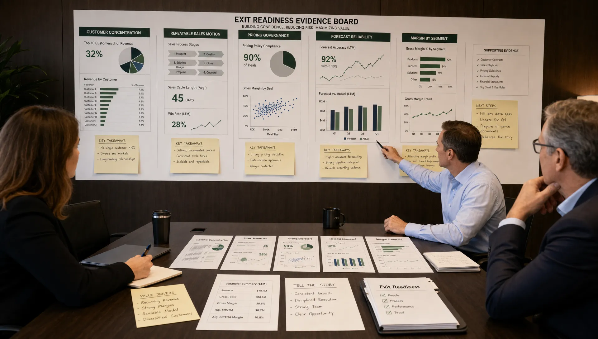 A wide landscape scene in a modern boardroom showing a large wall-mounted evidence board built from printed charts and notes, with sections for customer concentration, repeatable sales motion, pricing governance, forecast reliability, and margin by segment. In the foreground, a few adults review the materials at a table with neatly arranged scorecards and annotated sheets, creating a buyer-readiness and exit-preparation atmosphere with no presentation screen visible.