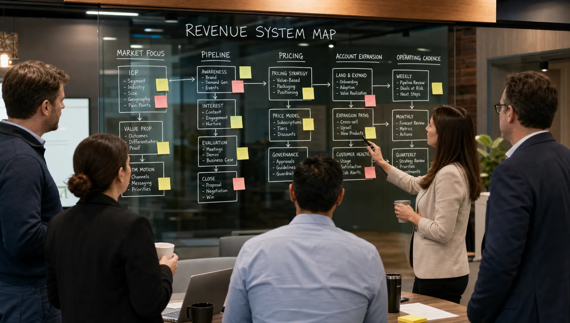 A private equity operating team and portfolio company executives reviewing a revenue system map on a glass wall in a workshop-style room, with sections for market focus, pipeline, pricing, account expansion, and operating cadence.