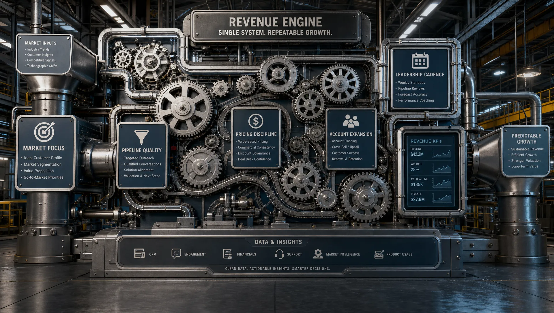 A wide landscape scene of a single commercial engine built from interlocking gears, routing paths, and connected process panels inside a clean industrial space, with visible signals for market focus, pipeline quality, pricing discipline, account expansion, and leadership cadence. No people are visible. The setting should feel like a functioning operating system rather than a meeting room, clearly representing portfolio company revenue infrastructure and repeatable growth.