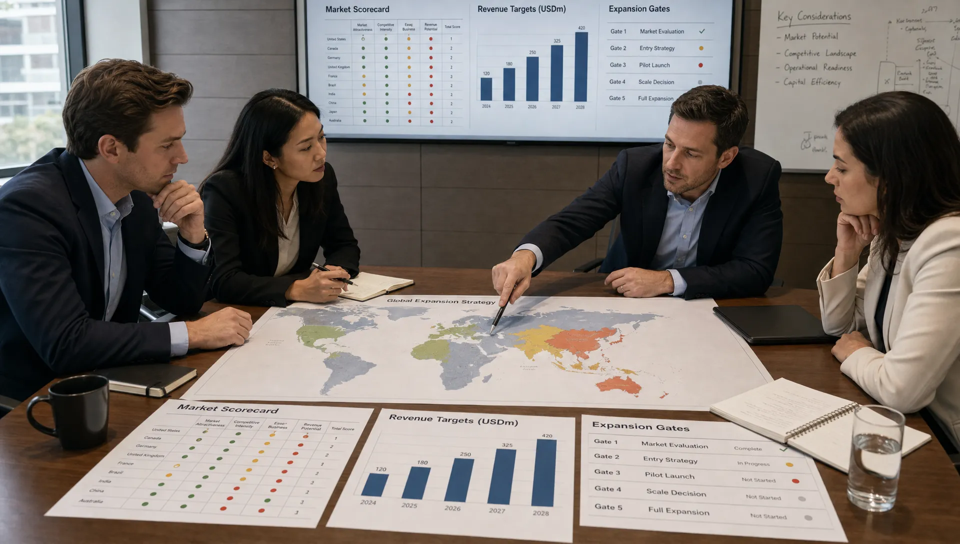 A private equity growth team reviews a world map with market scorecards, revenue targets, and staged expansion gates on a conference table, with one person pointing at the map while printed scorecards and a notebook are spread across the table.