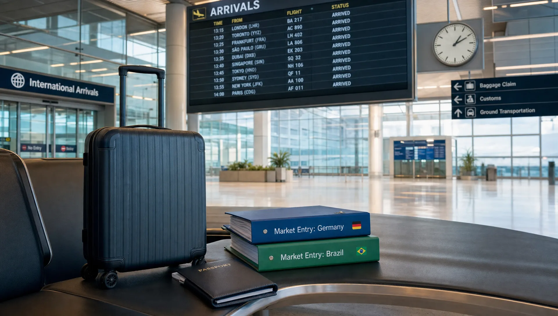 A wide landscape scene of a large airport arrivals hall with a digital departure board, a rolling suitcase, a passport folder, and two market-entry binders on a bench, suggesting international expansion decisions moving from one geography to another. No people in the foreground. The setting should feel like a real-world gateway and emphasize cross-border movement, timing, and operational readiness rather than a planning table or office board.