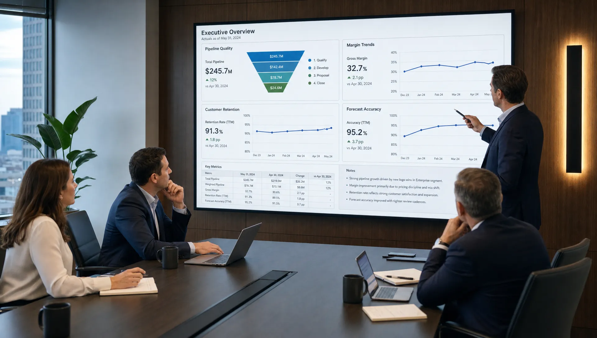 A private equity operating team reviews pipeline quality, margin trends, customer retention, and forecast accuracy on a wall screen in a boardroom.