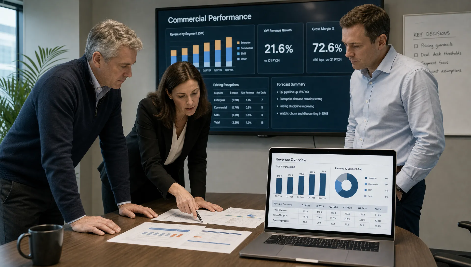 Landscape cover, medium shot at eye level in a sponsor review meeting where an operating partner, a CEO, and a revenue leader stand around a table comparing segment results, pricing exceptions, and forecast notes. Printed dashboards and a laptop facing the camera sit in the foreground, while a wall board of commercial metrics anchors the background. The moment should feel decision-oriented and practical, focused on improving enterprise value through better revenue execution.