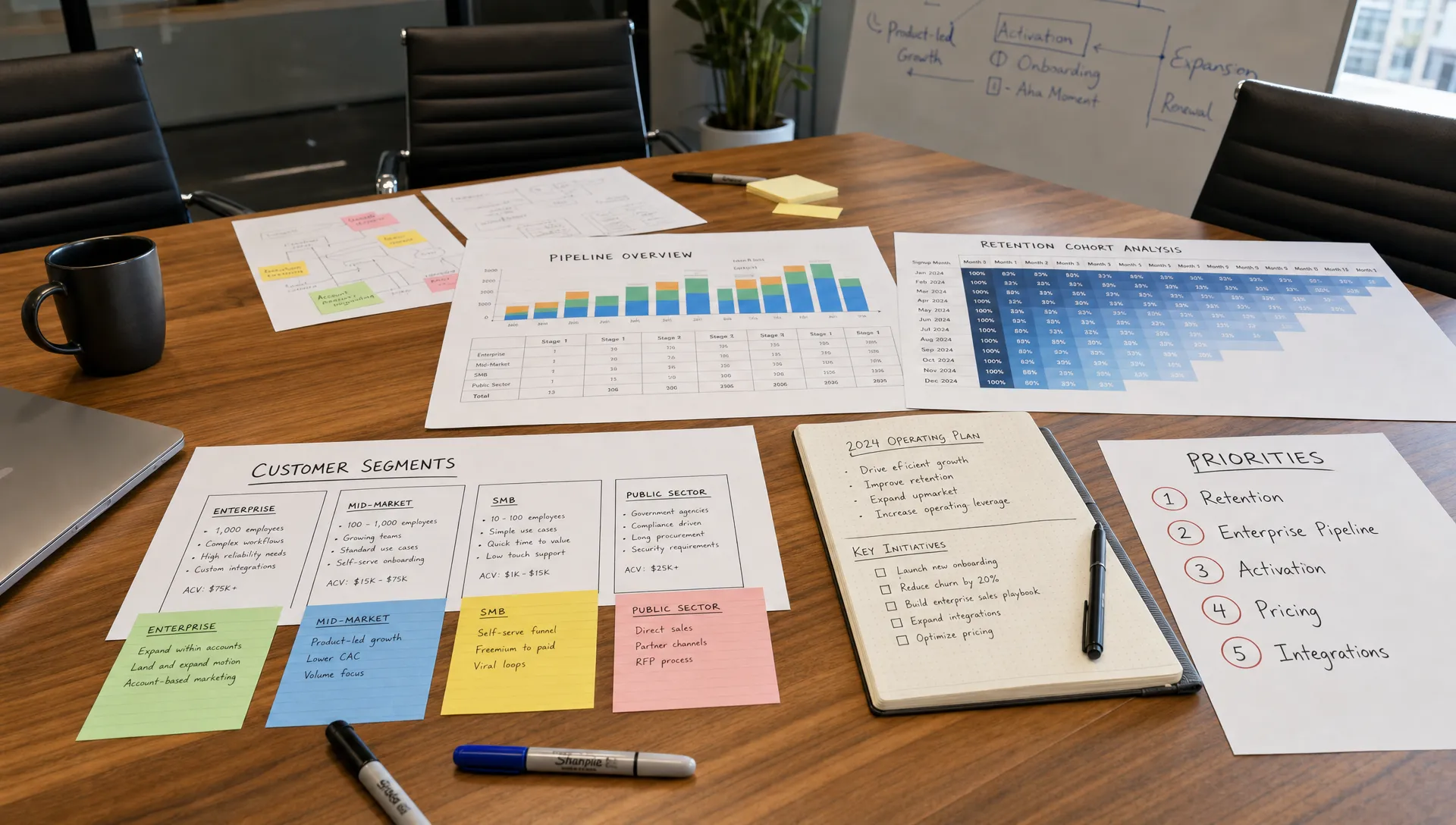 A conference room table covered with customer segment cards, pipeline printouts, retention cohort notes, and priority markers for a venture-backed company's operating plan.