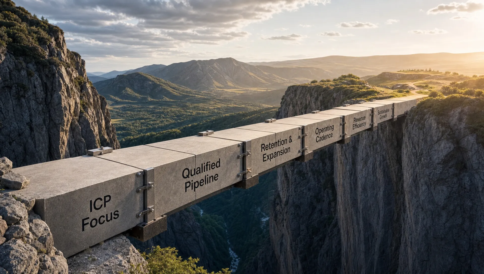 A wide landscape scene of a narrow bridge made of connected commercial milestones crossing a gap, with each segment labeled by evidence-based fixes such as ICP focus, qualified pipeline, retention, and operating cadence. No people visible; the foreground shows the first few stable steps and the background leads toward a brighter, more stable growth horizon.