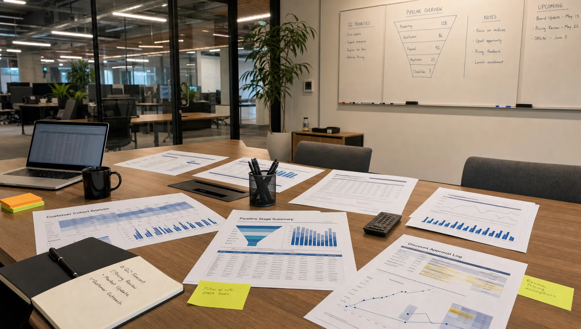 A wide landscape scene inside a quiet portfolio company operations room, with a long table covered in printed customer cohort reports, pipeline stage summaries, discount approval logs, and forecast notes. A glass wall and whiteboards sit in the background, but the main focus is the working environment itself rather than any single person or presentation. No people in the foreground.