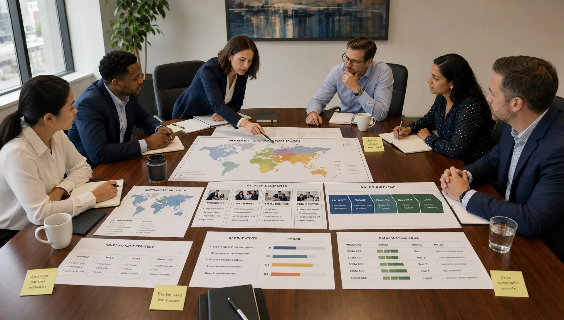 A long conference table with a market expansion plan spread across regional maps, customer segment cards, pipeline stages, and financial milestone sheets, with no screens visible, showing a disciplined commercial planning session.