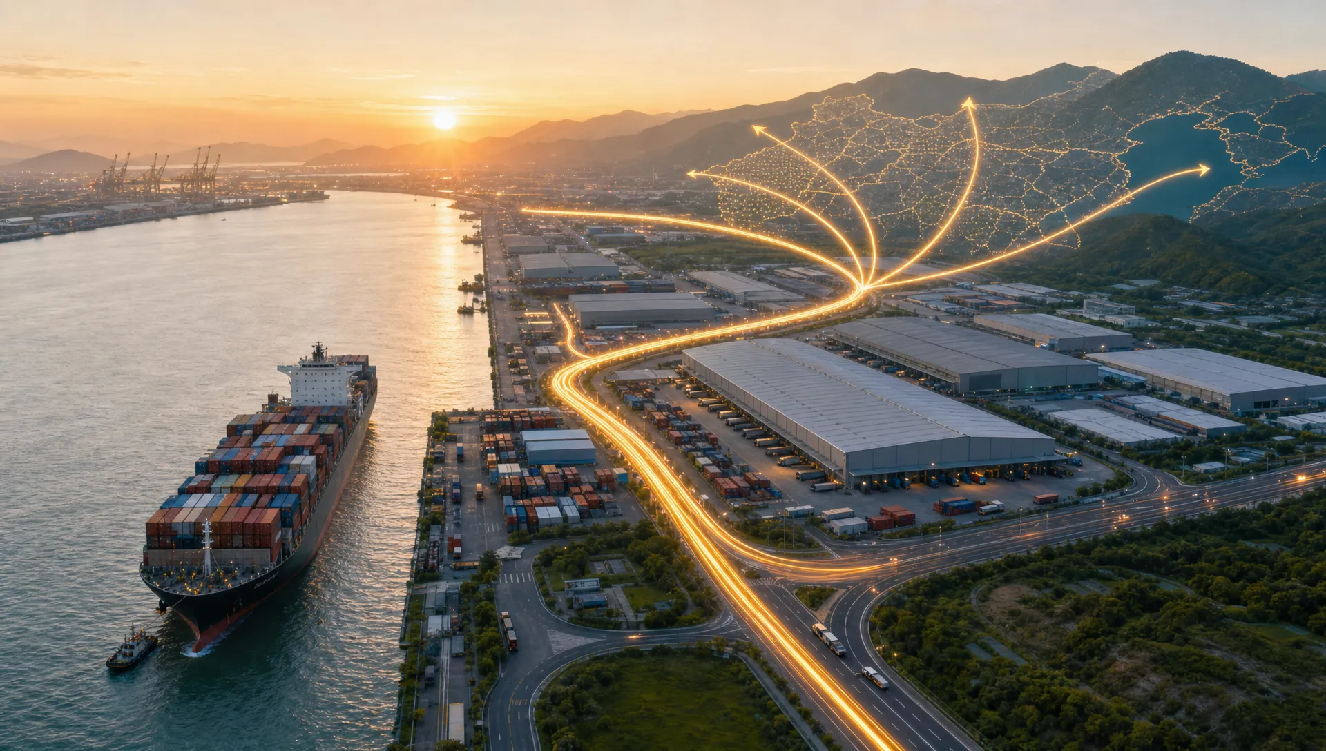 A wide landscape scene of a harbor-side logistics district at sunrise, with a container ship, warehouse roofs, road links, and highlighted routes suggesting entry into a new market. The composition should feel like strategic expansion from a core base into a new region, with no people in the foreground and no office setting, emphasizing geography, access, and movement rather than a planning table.
