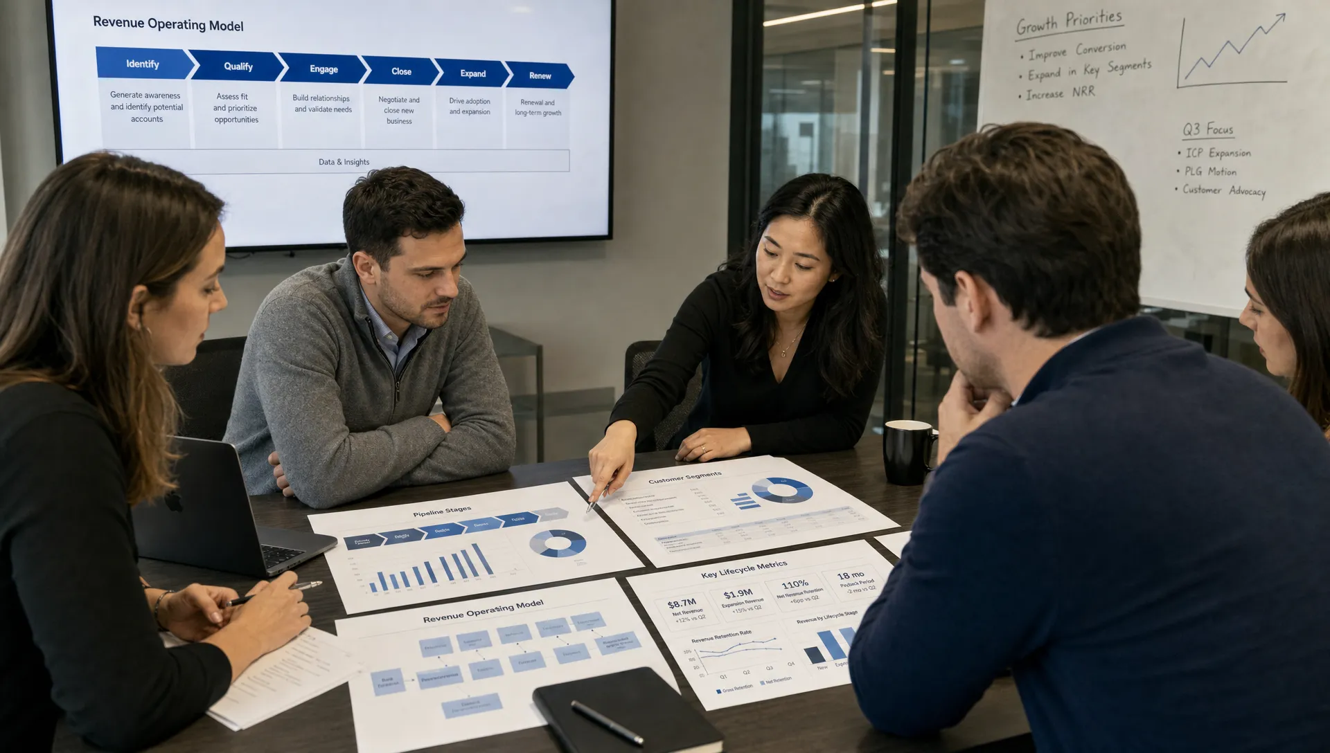 A venture backed company growth team reviews a revenue operating model on a conference table with pipeline stages, customer segments, and lifecycle metrics shown on printed dashboards.