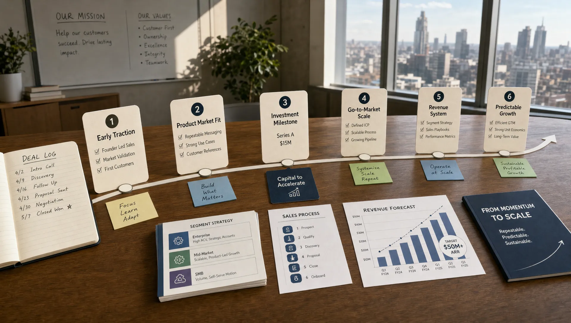 A wide landscape scene of a venture funding moment represented as a symbolic growth transition: a single upward path made of connected milestones on a large tabletop, moving from an early handwritten deal log to a more structured revenue system with segment cards, process checklists, and forecast markers. No people in the foreground. The setting should feel like a strategic turning point where a company shifts from founder-driven momentum to repeatable commercial scale, with a clean planning-room atmosphere and a clear sense of acceleration after investment.