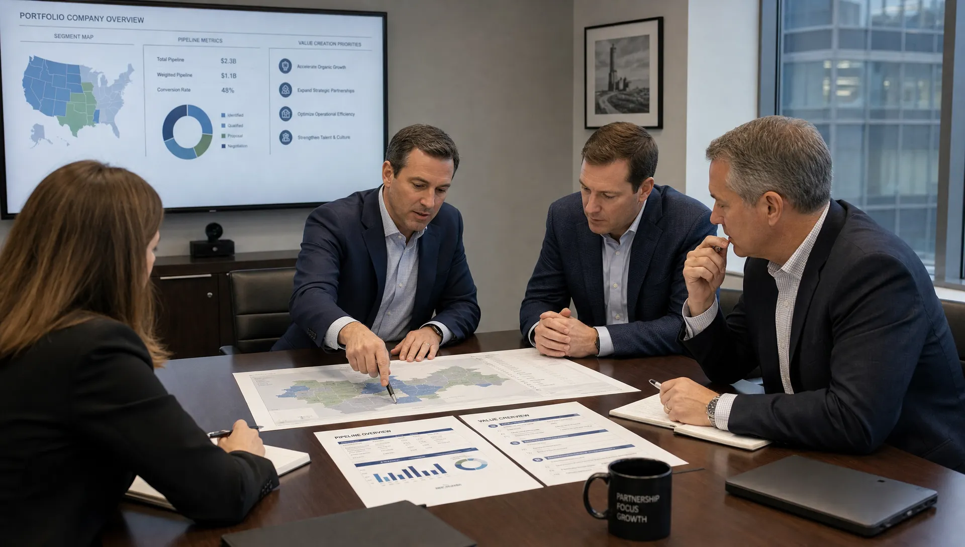 An operating partner and portfolio company leaders review printed segment maps, pipeline metrics, and value-creation priorities around a boardroom table.