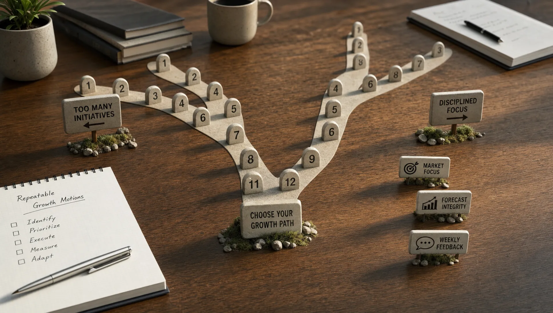 Landscape scene of a branching path made from numbered milestones crossing a work surface, where the path splits between too many initiatives and a narrower disciplined route. Small markers suggest market focus, forecast integrity, and weekly feedback, while the overall composition represents choosing repeatable growth motions over noise. No people visible.