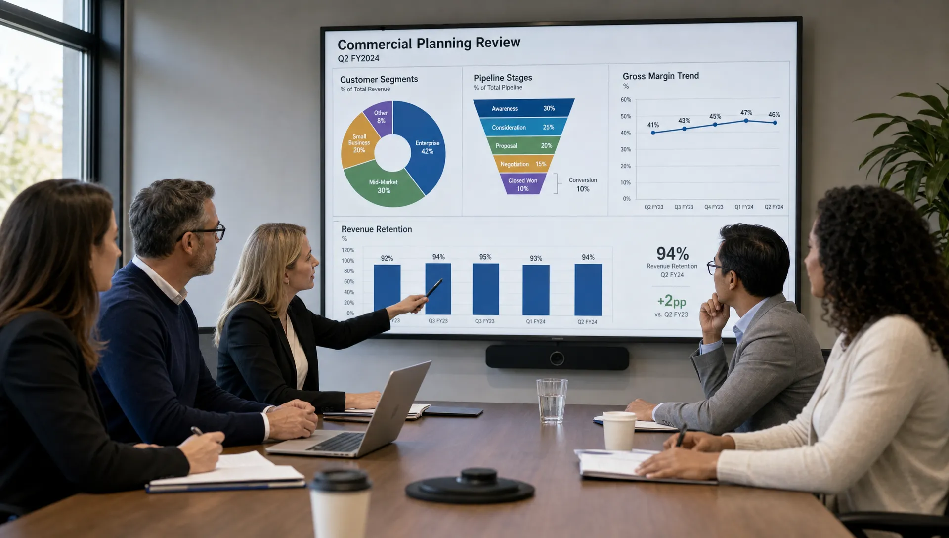 A leadership team seated around a conference table reviewing a wall chart with customer segments, pipeline stages, margin trends, and retention metrics during a commercial planning session.