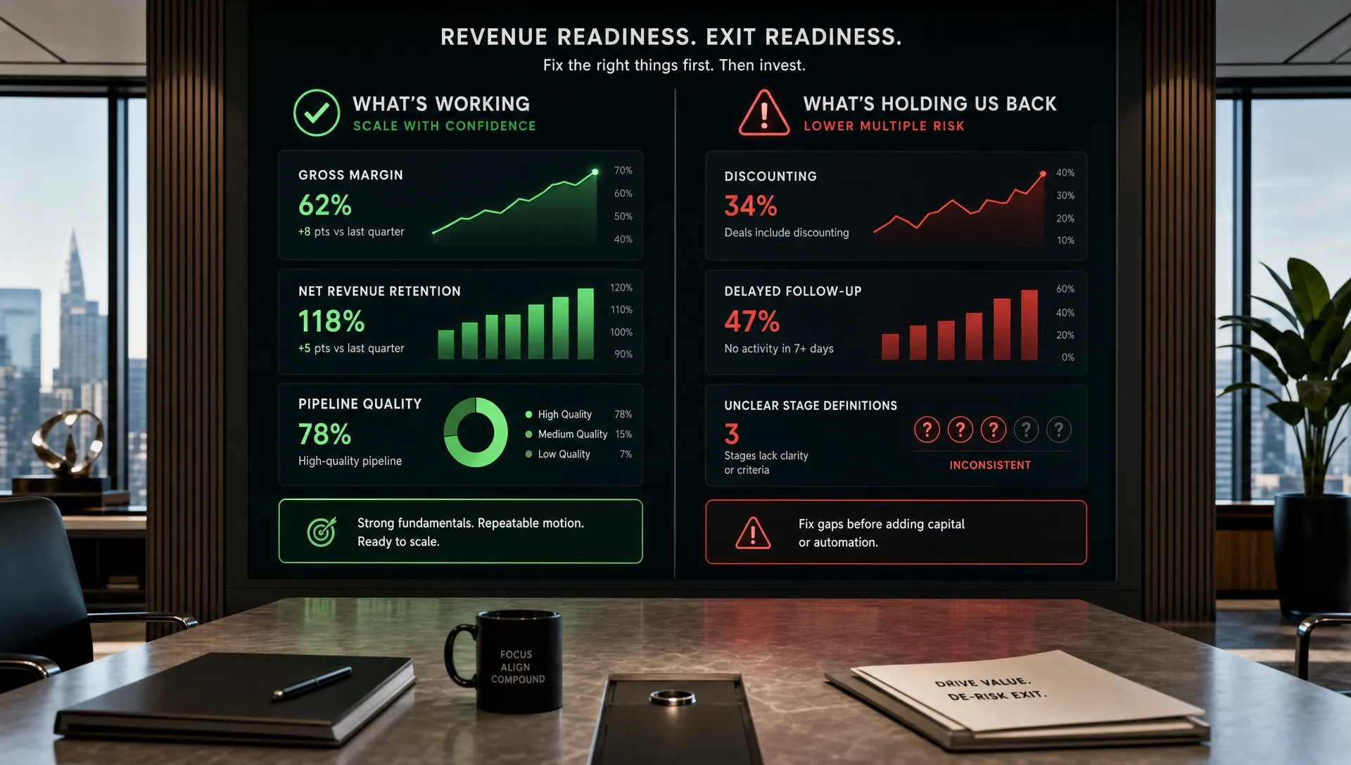 A wide landscape scene of a private equity boardroom-style decision moment shown through a split view of two contrasted surfaces: on one side a clean forecast summary with margin, retention, and pipeline quality indicators; on the other side a simple red-flag pattern of discounting, delayed follow-up, and unclear stage definitions. No people are visible. The setting should feel like a high-stakes commercial checkpoint where leaders decide what to fix first before adding growth capital or automation, clearly representing revenue readiness and exit readiness without repeating a planning-table blueprint.