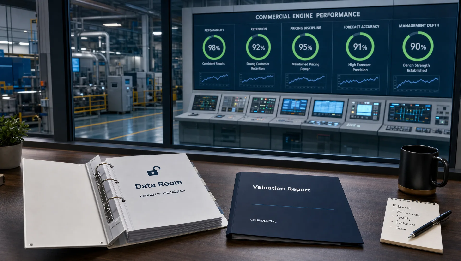 A wide landscape scene of a portfolio company acquisition being judged through a symbolic buyer lens: a mature commercial engine shown as a well-organized industrial control room behind a glass wall, with illuminated indicators for repeatability, retention, pricing discipline, forecast accuracy, and management depth. In the foreground sits a single unlocked data room binder and a valuation report folder, while the background suggests a real operating business rather than a meeting room. No people are visible. The setting should feel like an evidence-backed exit preparation environment, clearly representing how buyer confidence is built long before a sale process begins.