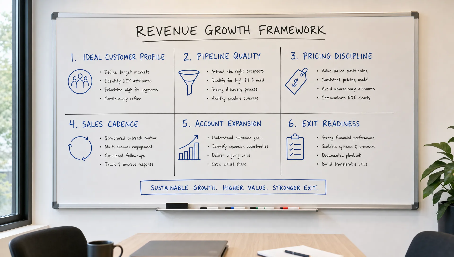 A whiteboard in a meeting room showing a simple revenue growth framework with sections for ideal customer profile, pipeline quality, pricing discipline, sales cadence, account expansion, and exit readiness.