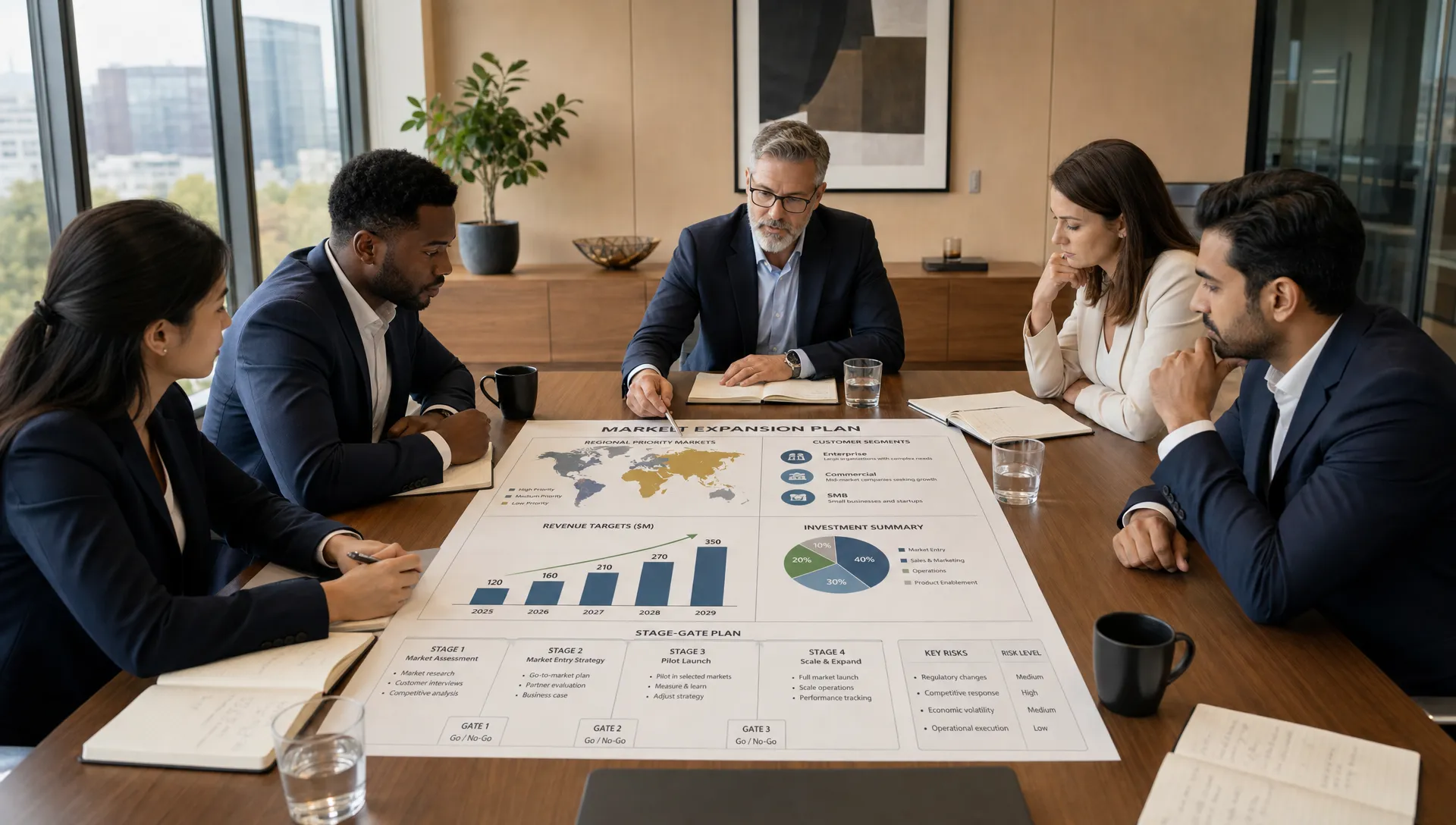 A leadership team reviews a market expansion plan on a conference table with regional maps, customer segments, revenue targets, and stage-gate notes arranged in a clear decision framework, in a modern boardroom with a large window and no presentation screen visible.