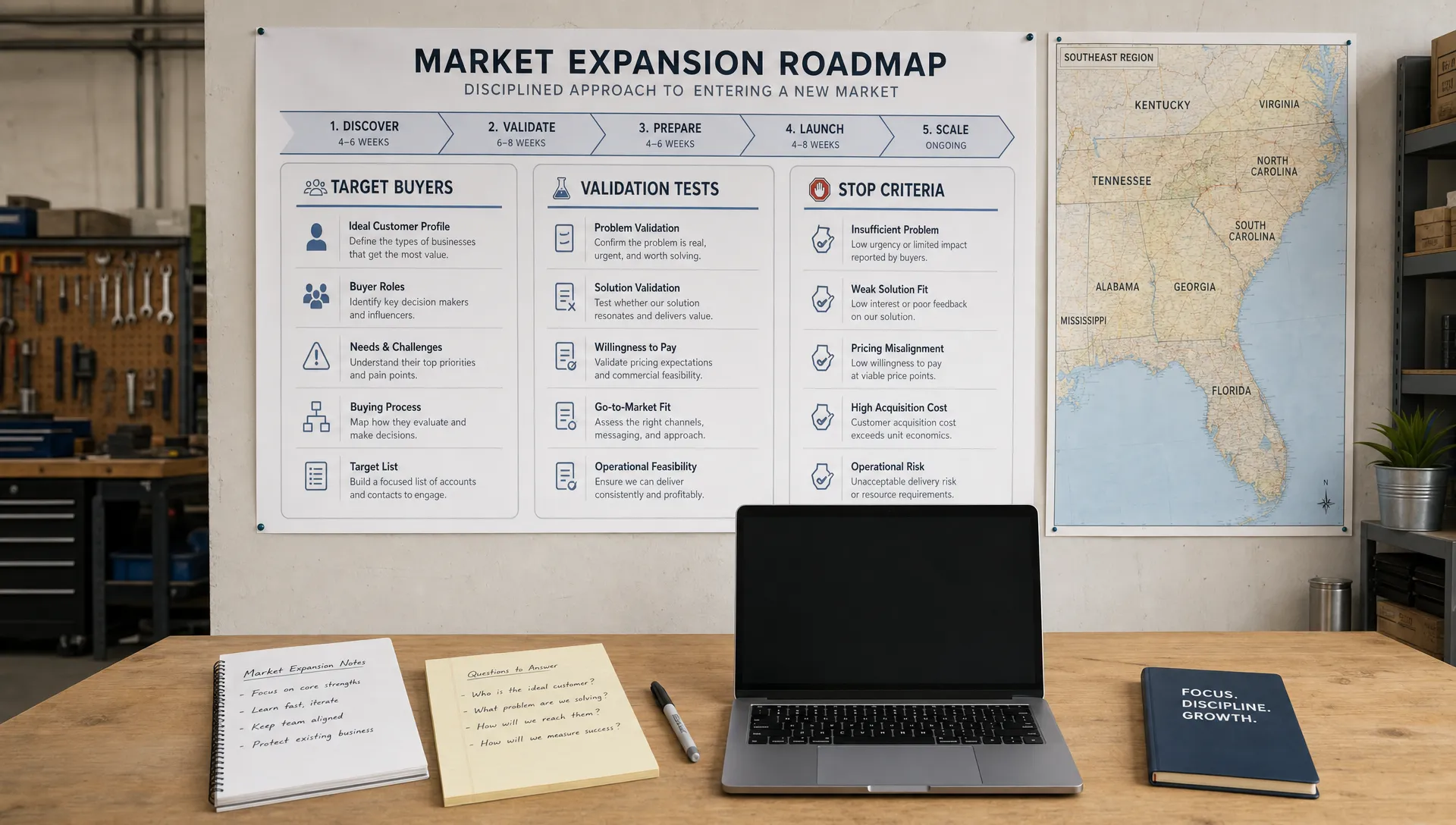 A wide landscape scene in a small commercial workshop showing a large printed market expansion roadmap pinned to a wall beside a regional map, with one section focused on target buyers, another on validation tests, and another on stop criteria. In the foreground, a clean table holds a few neatly arranged notes, a marker, and a laptop facing the camera with nothing displayed behind it. No people visible; the setting should feel like a disciplined planning environment centered on entering a new market without distracting from the core business.