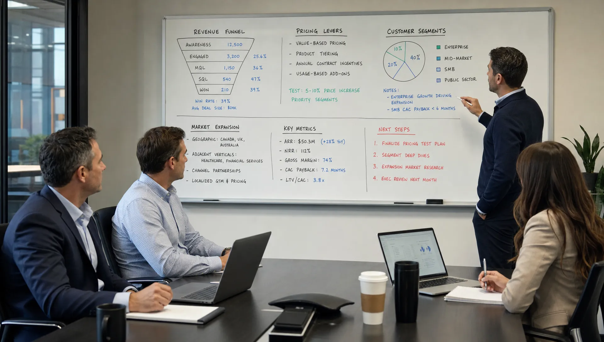 A private equity operating team and portfolio company leaders reviewing revenue funnels, pricing levers, customer segments, and market expansion notes on a conference room whiteboard.