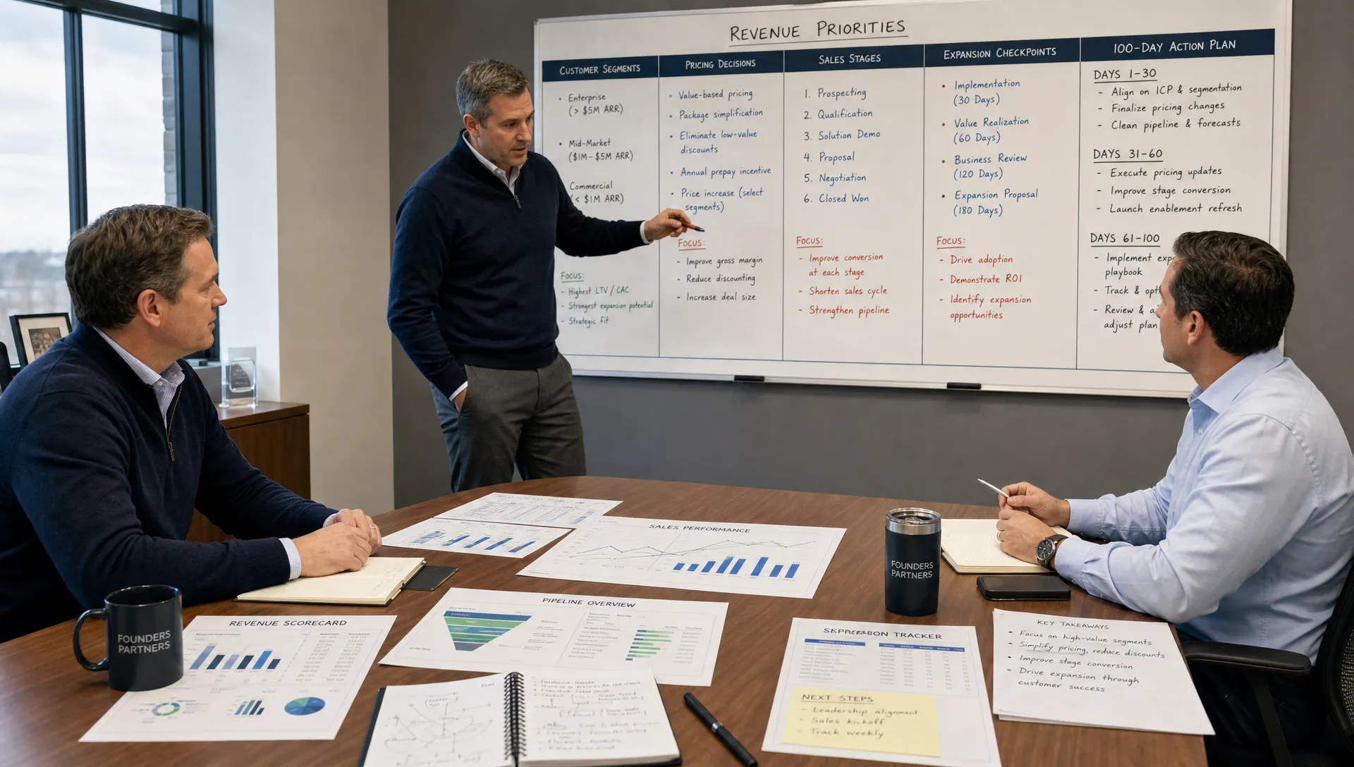 A wide scene in a private equity portfolio company meeting room showing a sponsor, operating partner, and CEO around a table with a large wall board of revenue priorities, including customer segments, pricing decisions, sales stages, expansion checkpoints, and a 100-day action plan, with printed scorecards and annotated notes spread neatly across the table.