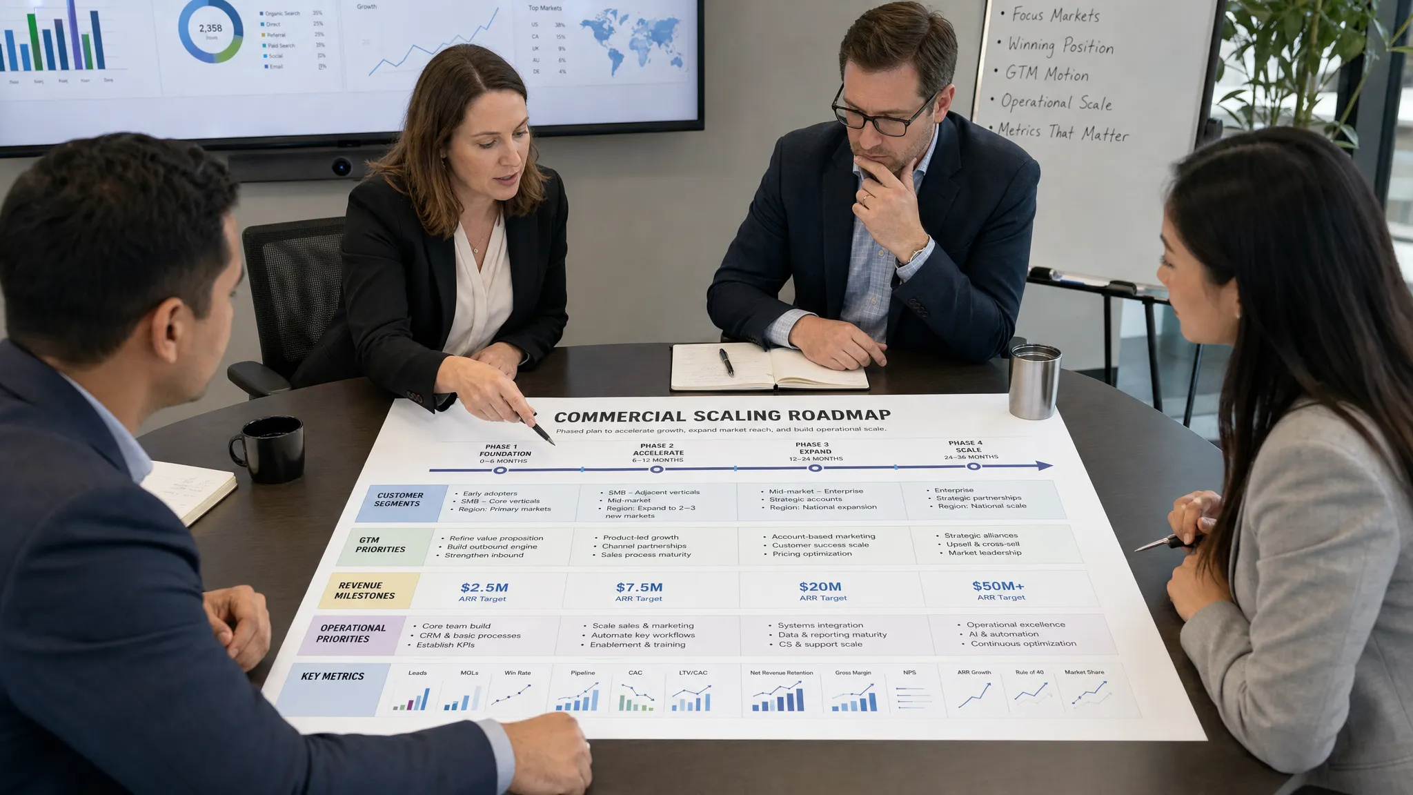 A leadership team reviewing a printed commercial scaling roadmap on a conference table, with charts, customer segment notes, revenue milestones, and operational priorities arranged clearly for discussion.