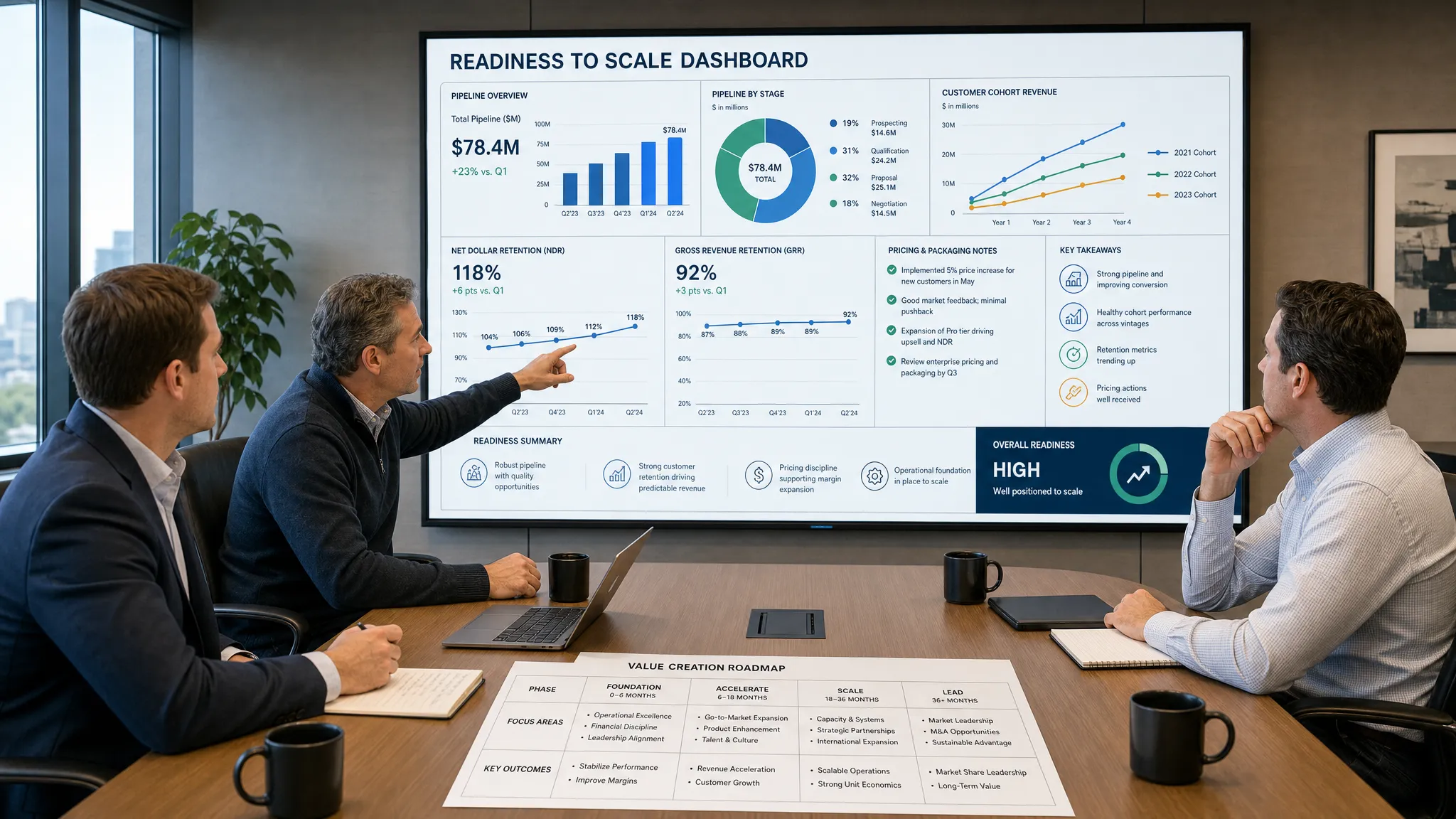 A wide boardroom scene showing a PE sponsor, operating partner, and company executive gathered around a large screen-facing dashboard on the wall, discussing readiness to scale with pipeline metrics, customer cohort trends, retention figures, pricing notes, and a simple value creation roadmap on the table in front of them. The composition should feel like an executive strategy session in a modern meeting room, with the screen facing the camera and no separate display content hidden behind it.