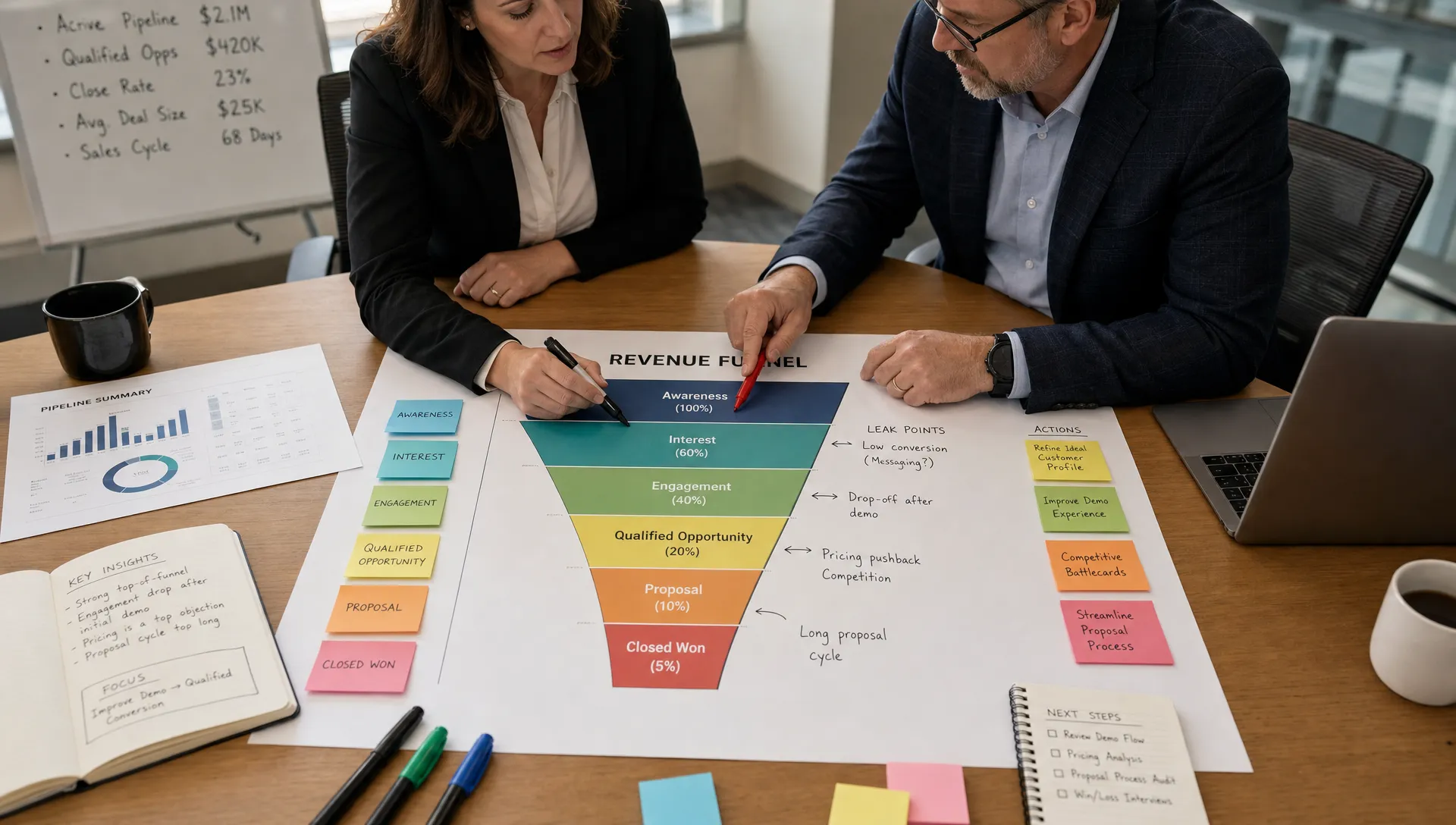 A conference table with a printed revenue funnel, colored markers, sticky notes showing pipeline stages, and finance and sales leaders mapping where qualified opportunities are leaking before close.