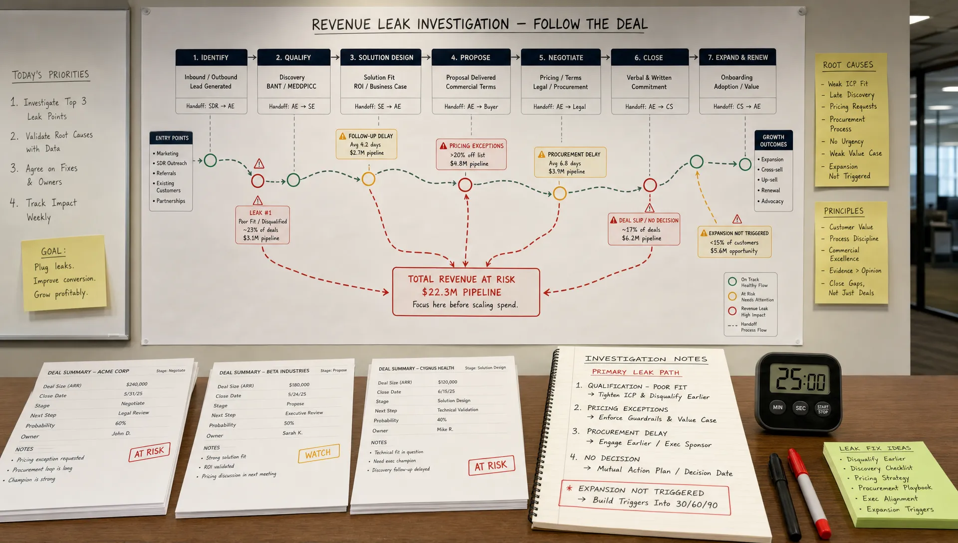 A wide landscape scene of a revenue leak investigation on a production-style sales floor planning area, with a large overhead wall map showing handoff points, stage gates, follow-up delays, pricing exceptions, and expansion triggers traced through a commercial process. The foreground holds a few printed deal summaries, a simple timer, and marked-up process notes arranged around one central red-flag path, with no people in the foreground. The setting should feel operational and close to cash, clearly about finding where revenue is being lost before scaling spend.