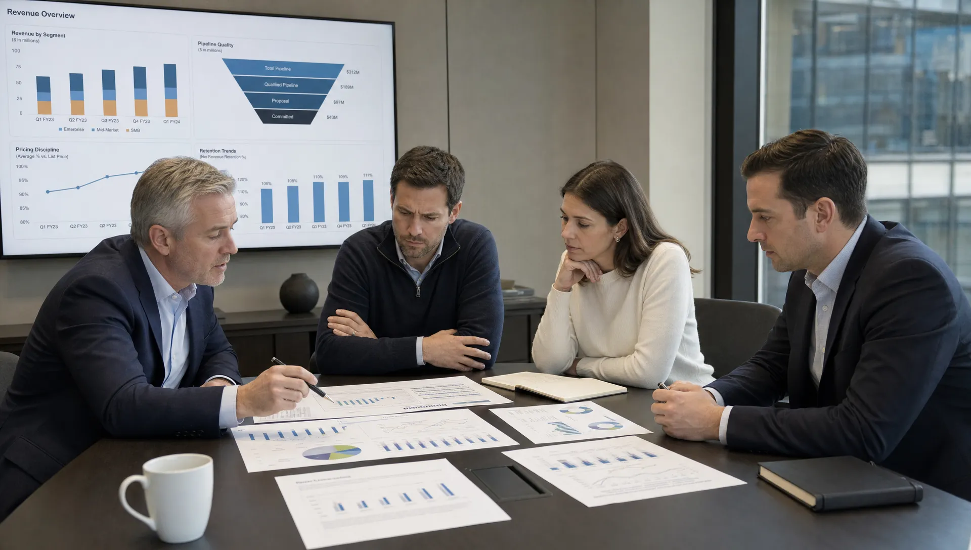 A private equity operating partner and portfolio company leadership team review printed revenue proof materials, including segment performance, pipeline quality, pricing discipline, and retention trends.