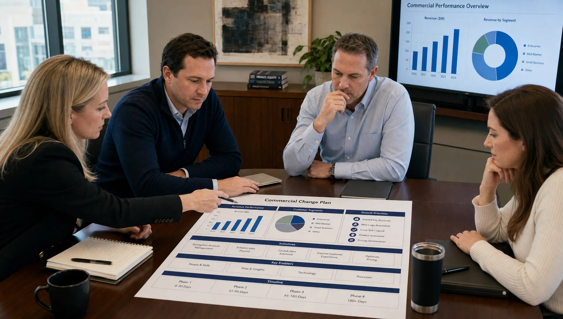 A private equity operating team reviews a commercial change plan on a conference table with printed revenue charts, customer segments, and growth priorities arranged in a structured workflow.
