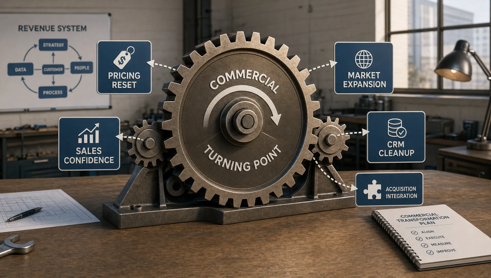A wide landscape scene of a conceptual commercial turning point, showing a single oversized gear assembly on a workbench with arrows and labels indicating pricing reset, sales confidence, market expansion, CRM cleanup, and acquisition integration. The background is a calm industrial planning space with no people, creating the sense of one commercial change triggering a chain reaction across the revenue system.