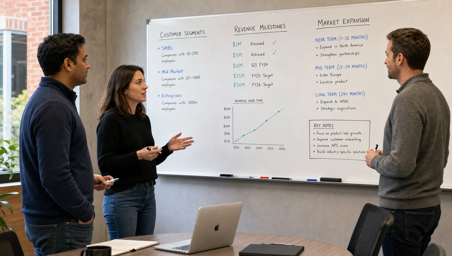 A venture partner, founder, and sales leader reviewing customer segments, revenue milestones, and market expansion notes on a whiteboard in a meeting room.