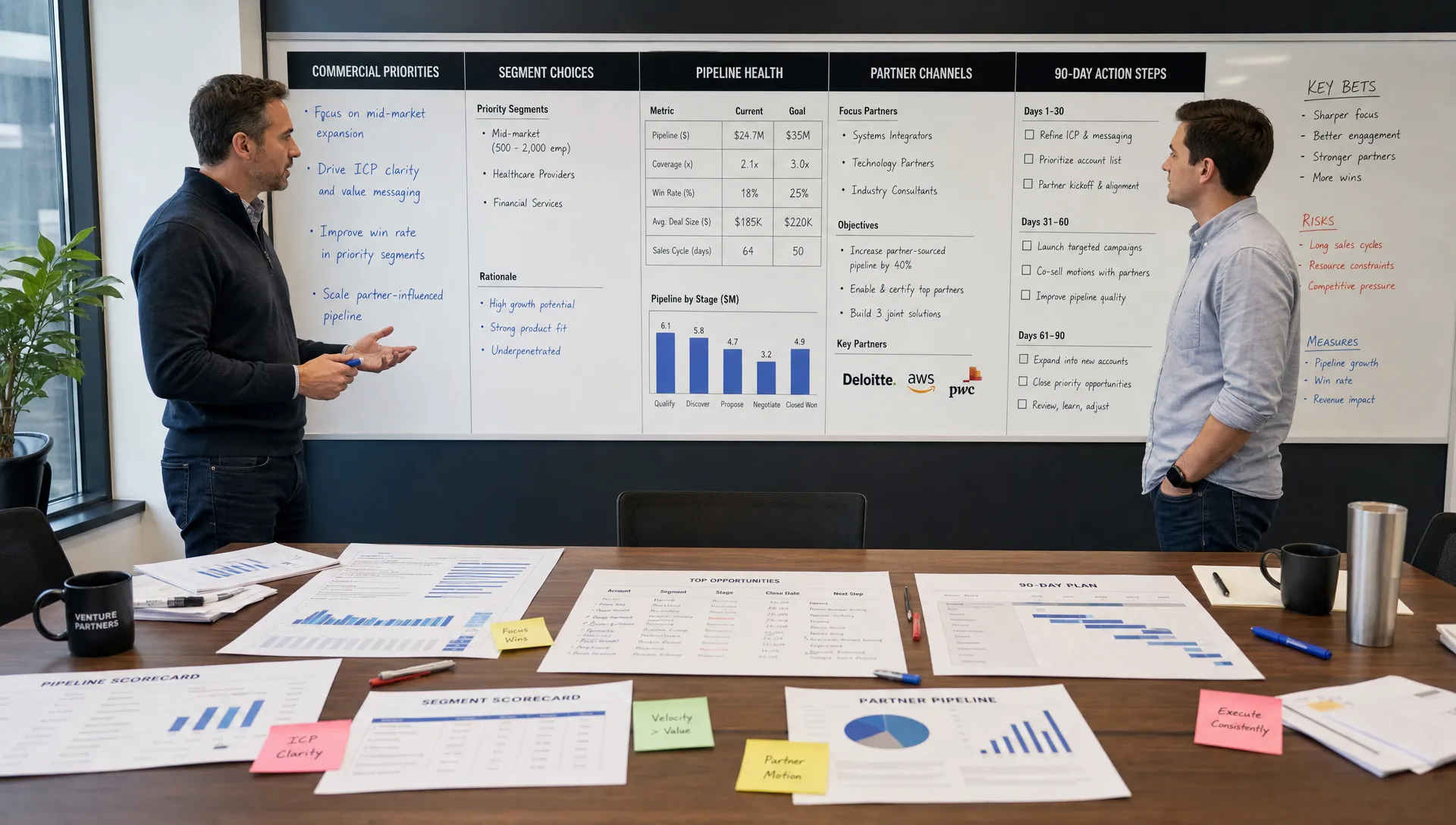A wide scene in a portfolio company operations workshop showing a venture partner and a management team member standing beside a large wall board with commercial priorities, segment choices, pipeline health, partner channels, and 90-day action steps, with printed scorecards and annotated notes spread across a long table in the foreground. The setting should feel practical and execution-focused, with no presentation screen visible.